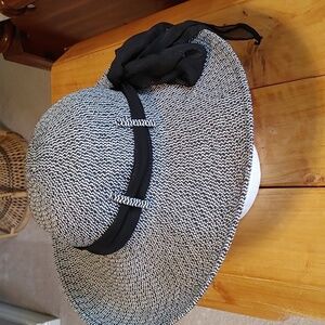 Rima Black & White Herringbone Large Brim Sun Hat with Black Scarf Band
